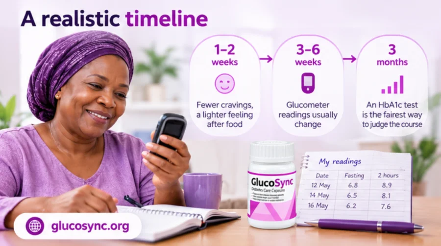 Notebook of glucometer readings beside a GlucoSync bottle